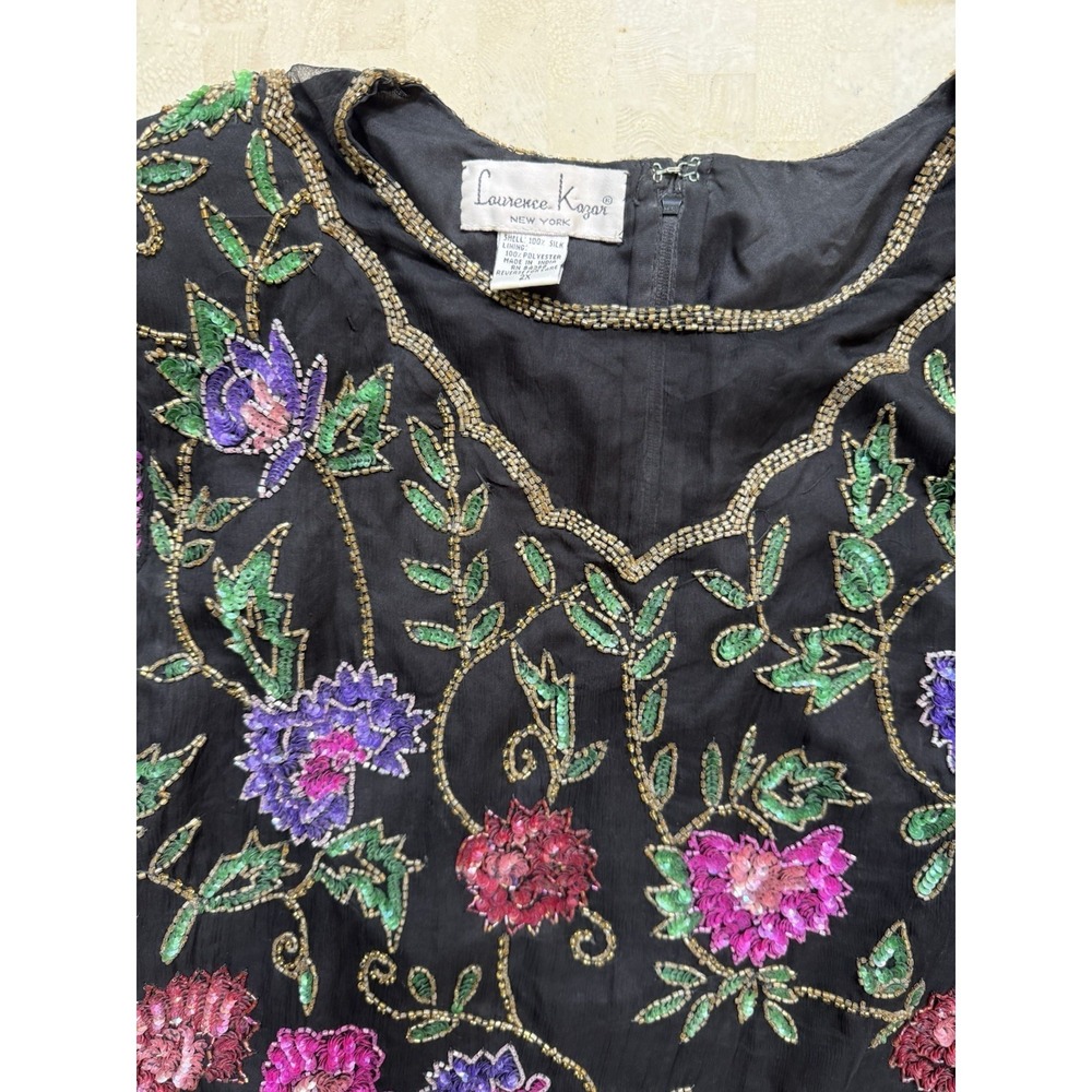 Vtg Laurence Kazar Silk Floral Beaded Short Sleeve Black Top Plus Womens 2X - Picture 3 of 10